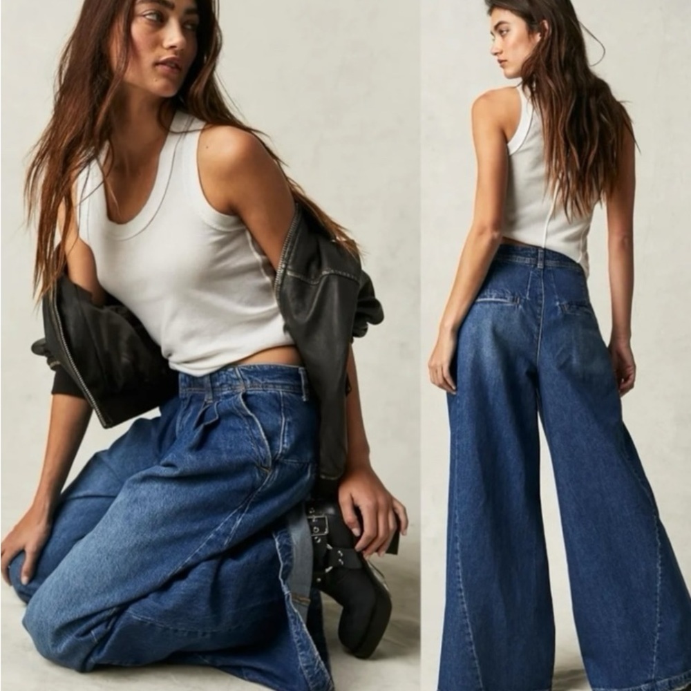 Free People Equinox Denim Trousers Lake Life Blue 29 Wide Leg Jeans Slouchy - Picture 3 of 16
